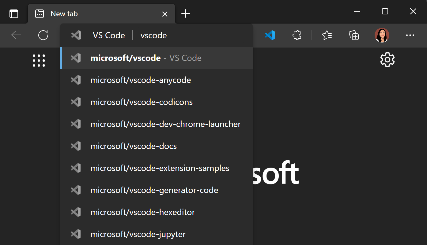 Type code in your browser and search a GitHub repository to open in vscode.dev