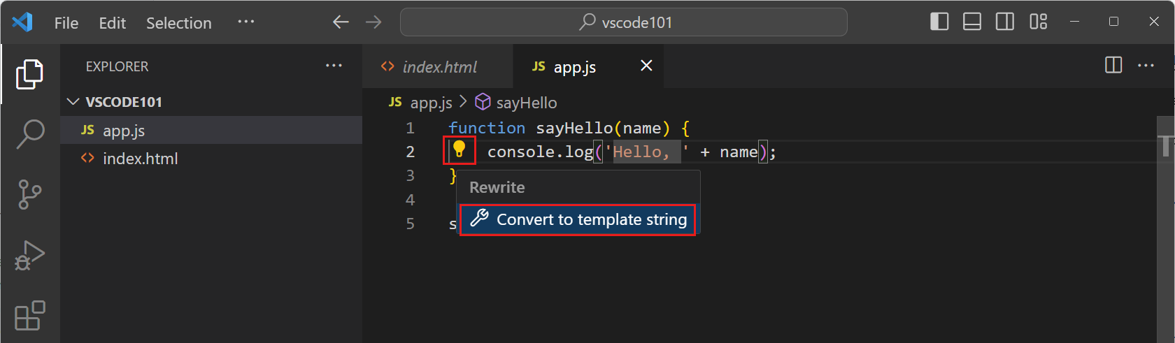 Screenshot that shows the lightbulb Code Action to convert a string concatenation to a template string.