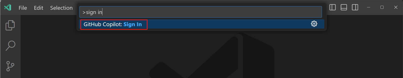 VS Code의 명령 팔레트에서 GitHub Copilot에 로그인하는 옵션을 보여줍니다.