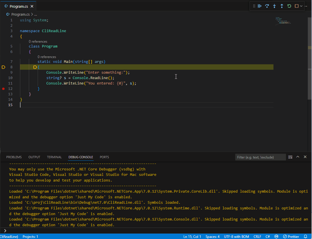 Example of inputting text to the Console to be set to the target process&#39;s standard input