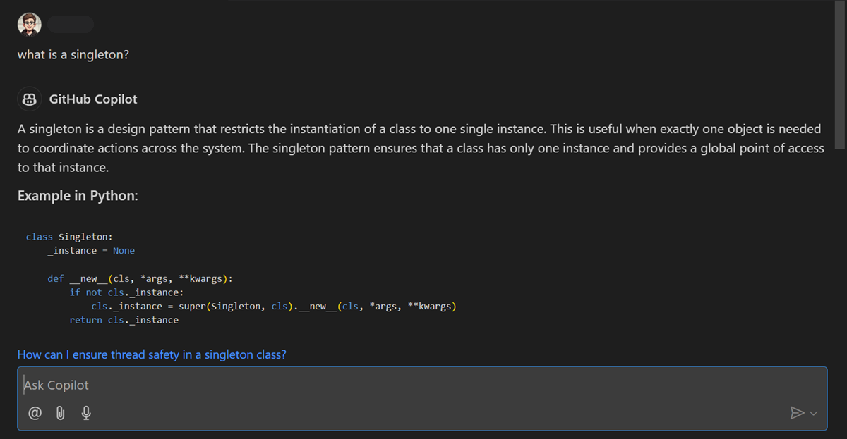 싱글톤이 무엇인지 답변하는 Copilot 채팅