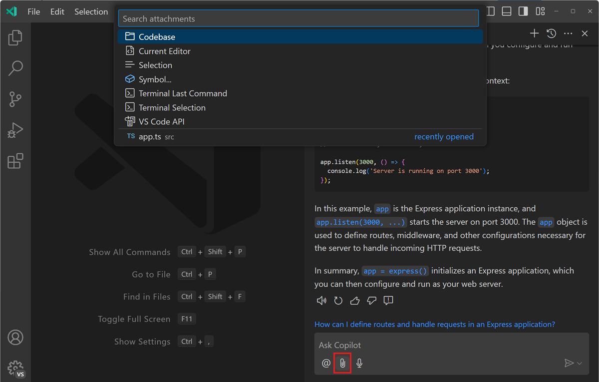 VS Code Copilot 채팅 화면의 스크린샷으로, 컨텍스트 첨부 버튼과 컨텍스트 빠른 선택을 보여줍니다.