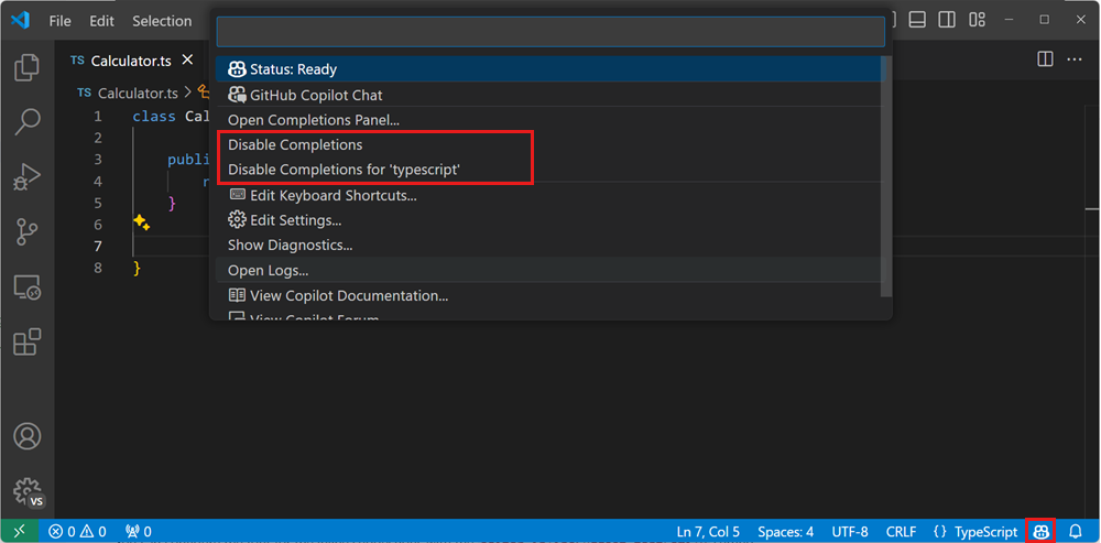 완성 기능을 비활성화하는 옵션을 강조 표시하는 Copilot용 VS Code 명령 메뉴를 보여주는 스크린샷.
