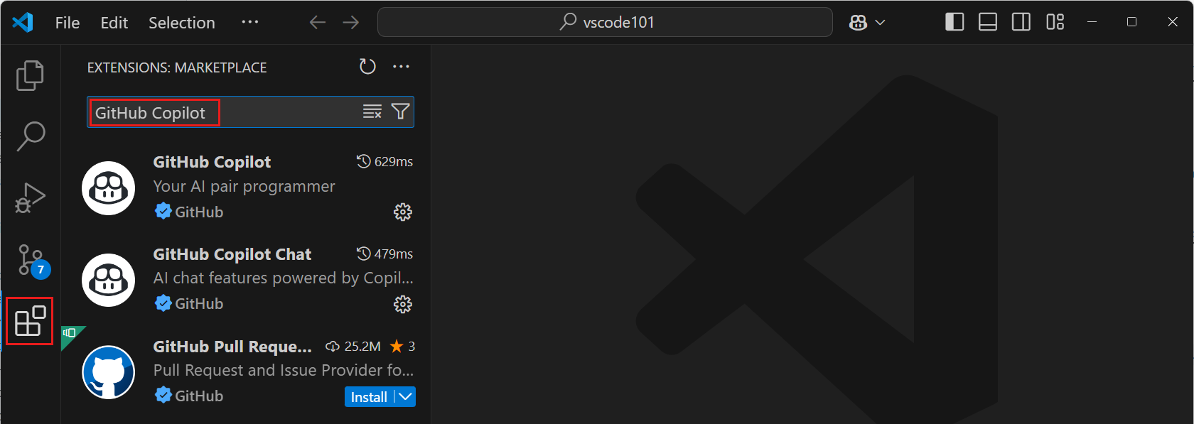VS Code의 확장 화면에서 GitHub Copilot 확장을 보여줍니다.