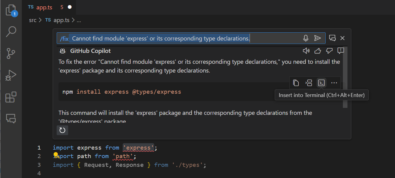 VS Code 인라인 채팅의 스크린샷으로, 수정 스마트 액션의 결과를 보여줍니다.