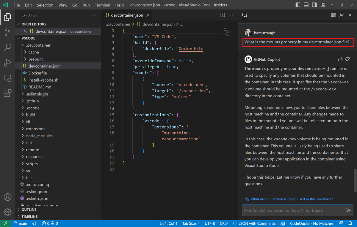 devcontainer.json 파일을 설명하는 Copilot