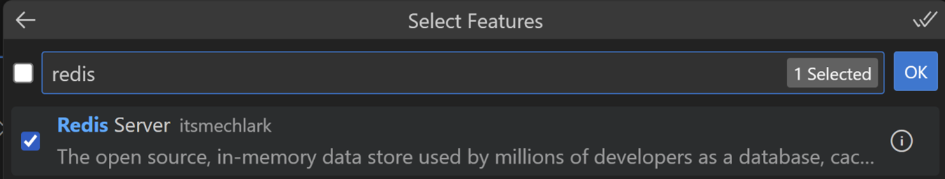 Redis Server option selected in the Dev Containers configuration files list
