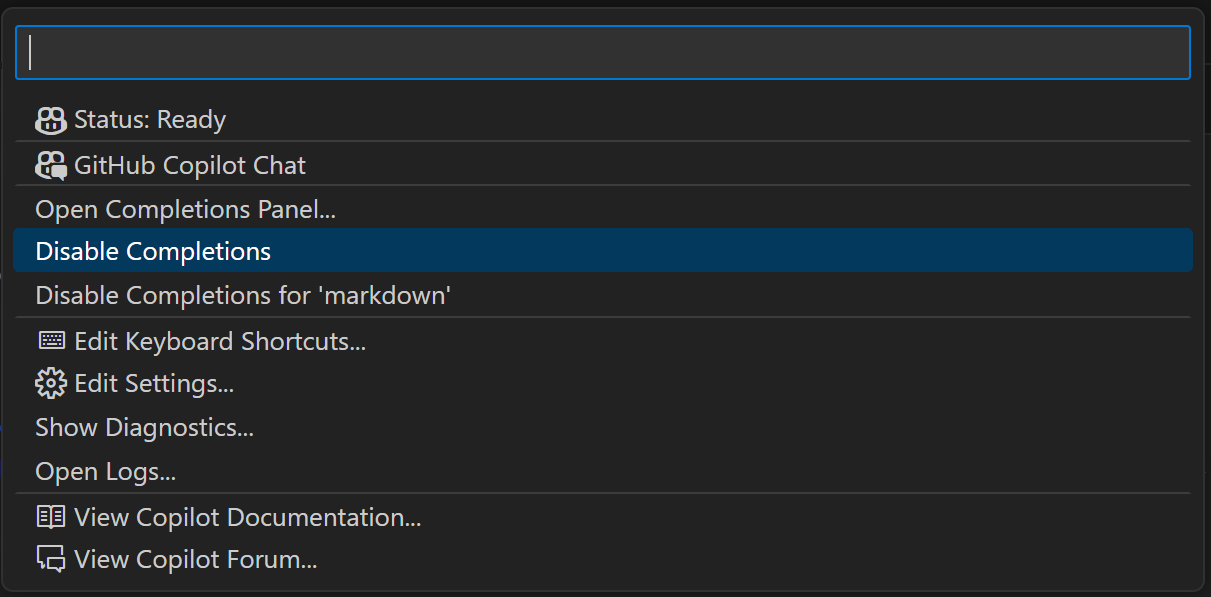 완성 비활성화가 선택된 Copilot 상태 메뉴 드롭다운
