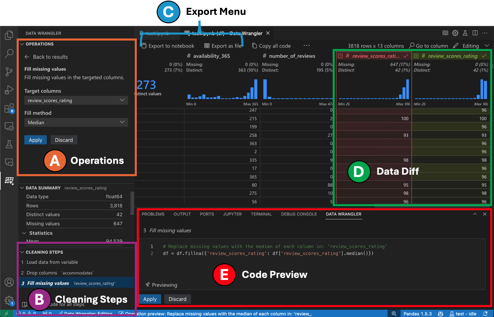 a screenshot showing the different components in the UI for Data Wrangler in Editing mode