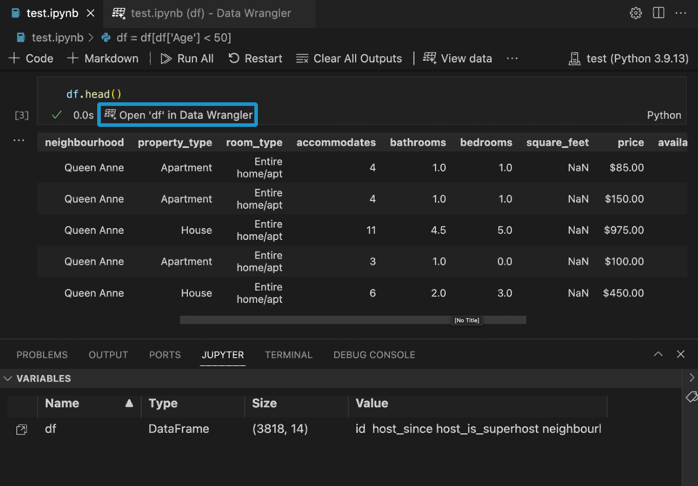 a screenshot showing the entry point into Data Wrangler from a notebook