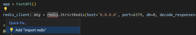 Light bulb displayed next to the Redis variable, with the option to add the import statement