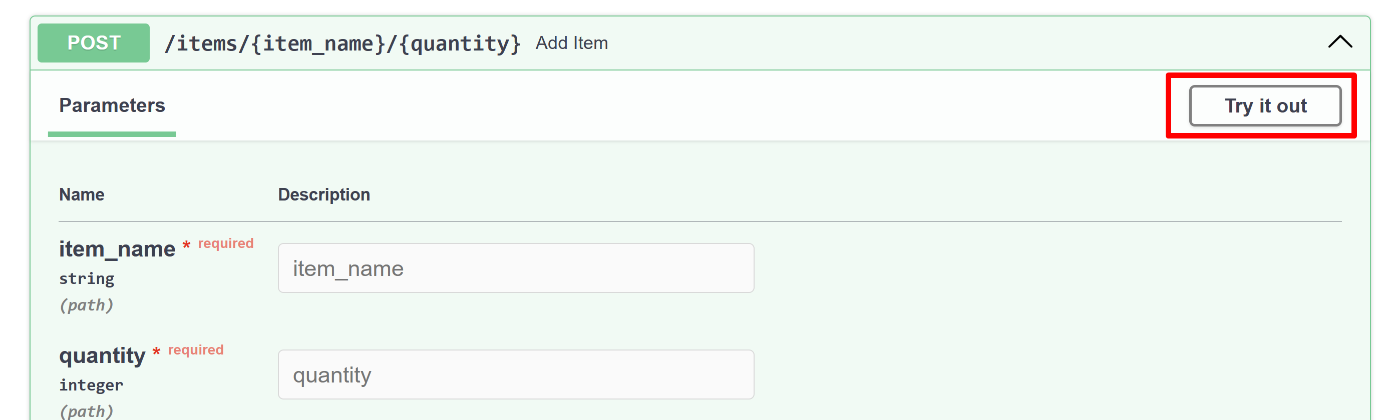 &quot;Try it out&quot; button displayed next to the /items route in the Swagger UI