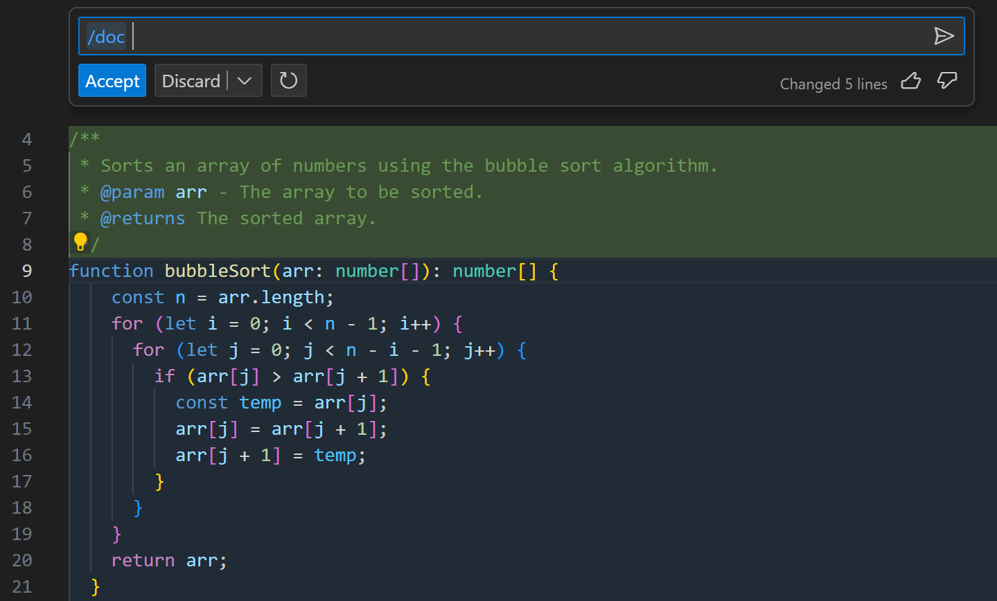 TypeScript 함수에 대한 JSDoc 주석을 추가하는 인라인 채팅 /doc 결과