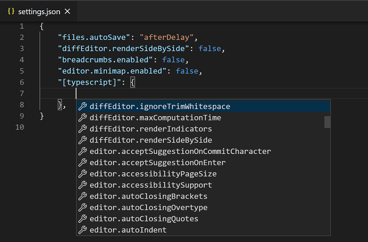 설정 JSON 파일에 표시된 언어별 설정 제안