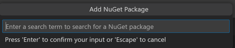 Screenshot showing command palette search bar with placeholder text that reads &quot;Enter a search term to search for a NuGet package.&quot;