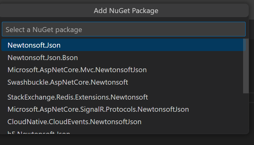 Screenshot showing quickpicks dropdown menu with placeholder text that reads: &quot;Select a NuGet package&quot;. The quickpick options show a list of example NuGet packages to choose from.