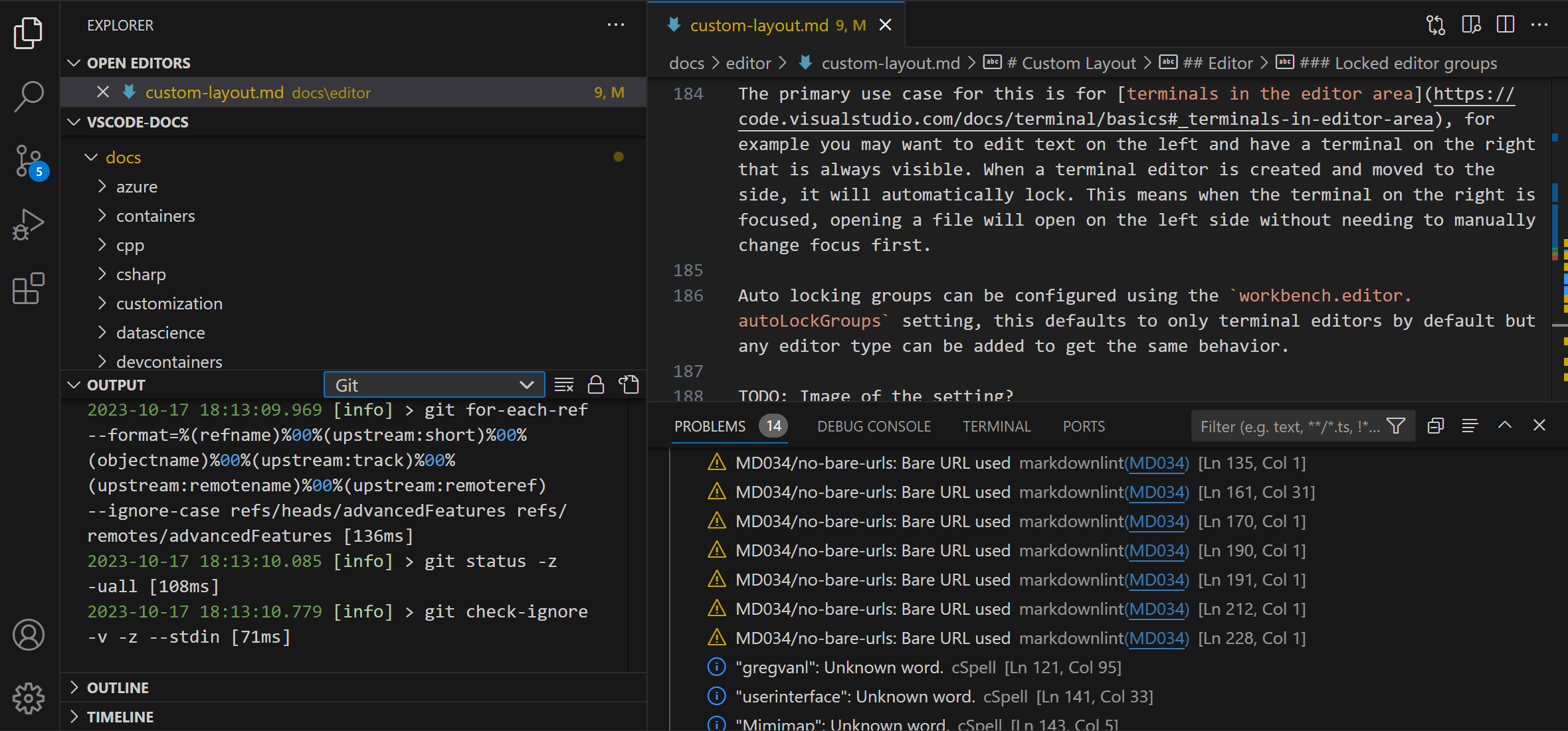 Output panel moved to the Explorer view group