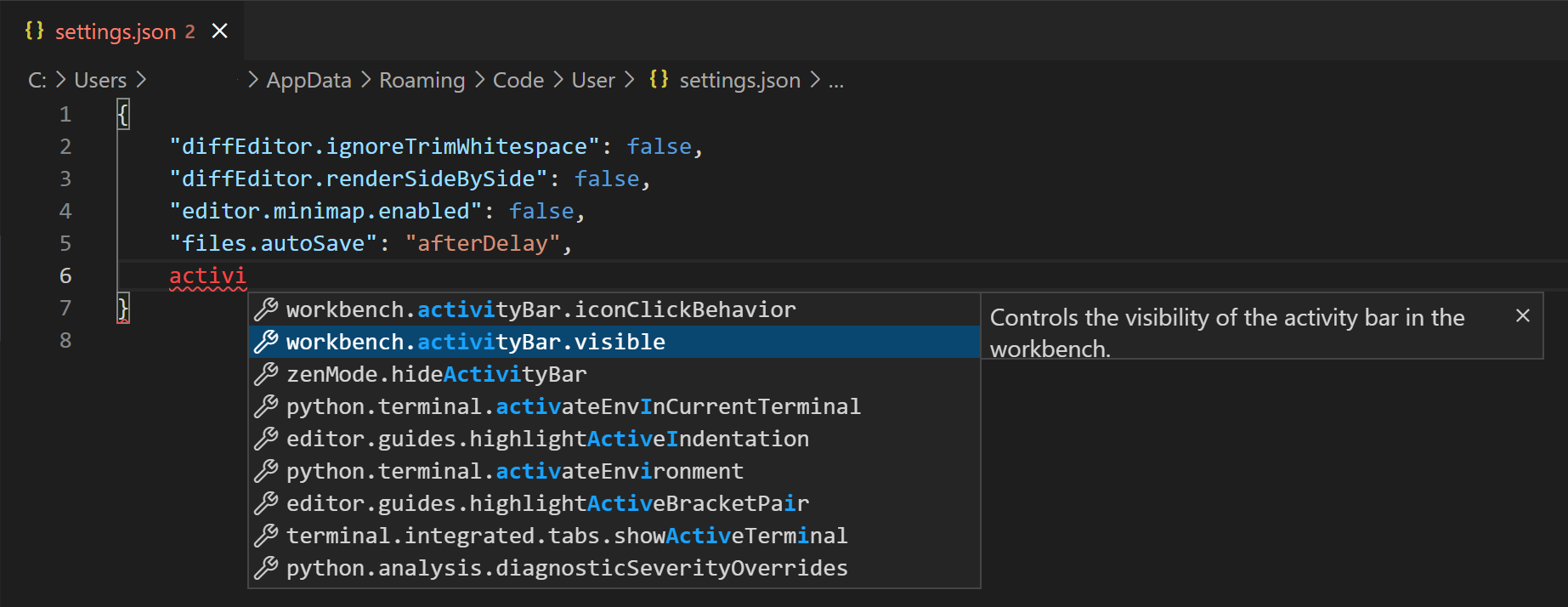 에디터에서 열린 settings.json의 IntelliSense