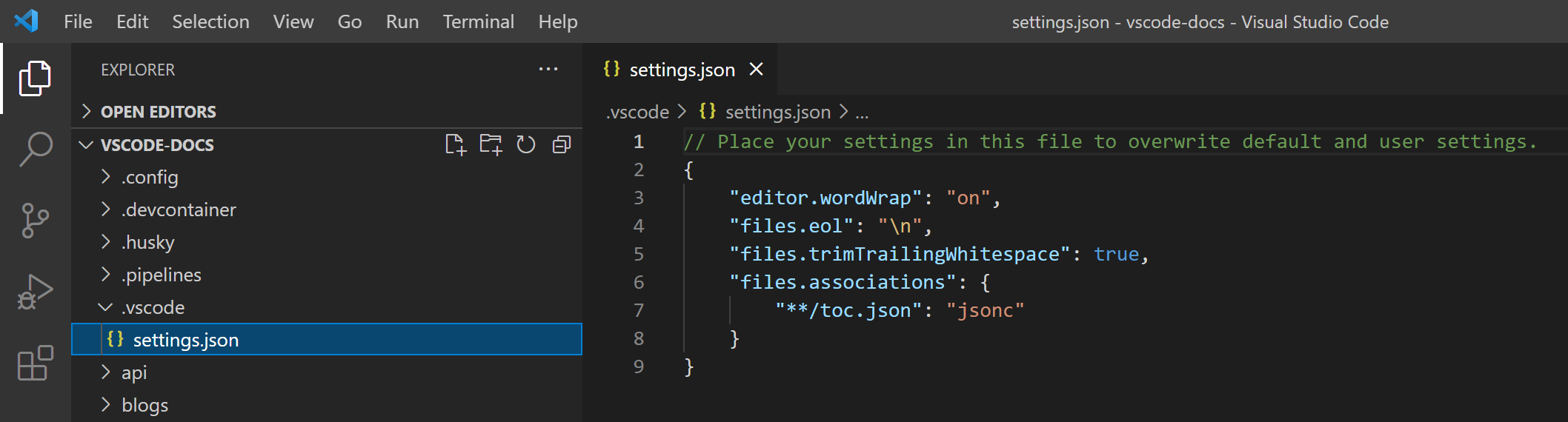 .vscode 폴더 아래의 settings.json을 보여주는 파일 탐색기