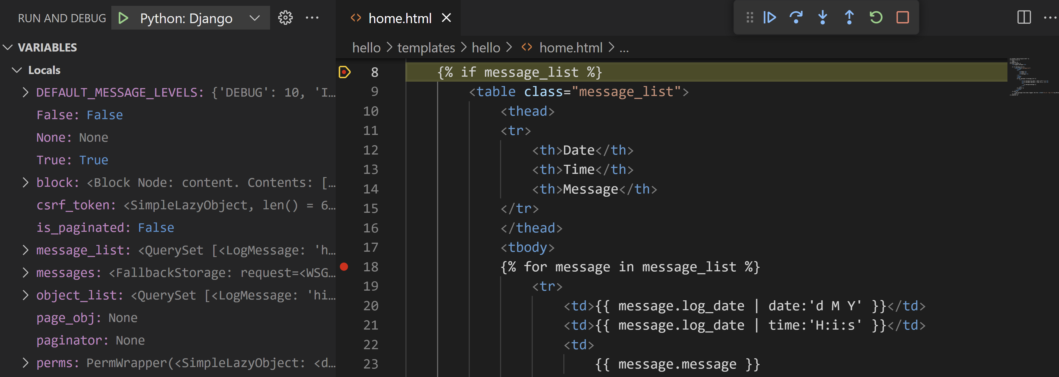 Django tutorial: debugger stopped at breakpoints in the page template