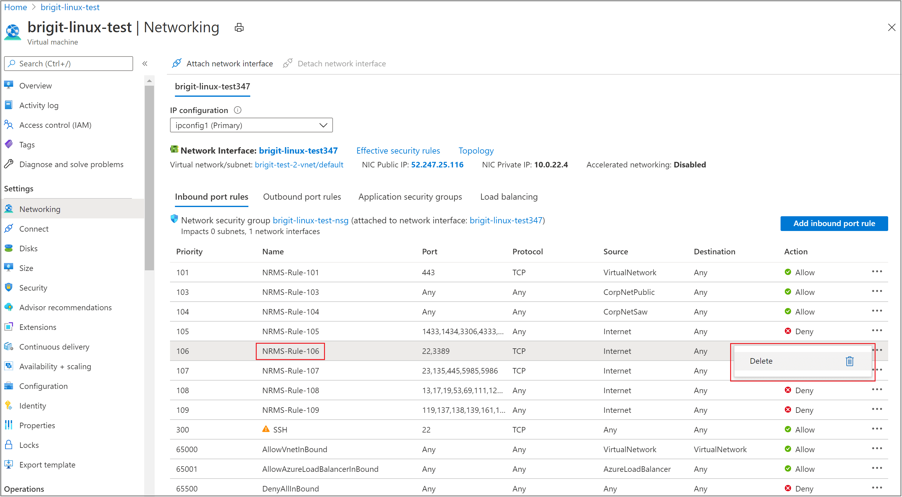 Virtual machine list of NRMS rules