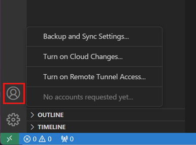 VS Code의 계정 메뉴 스크린샷