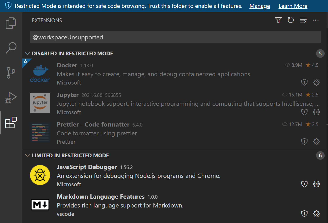 Extensions view filtered by workspaceUnsupported showing disabled and limited extensions