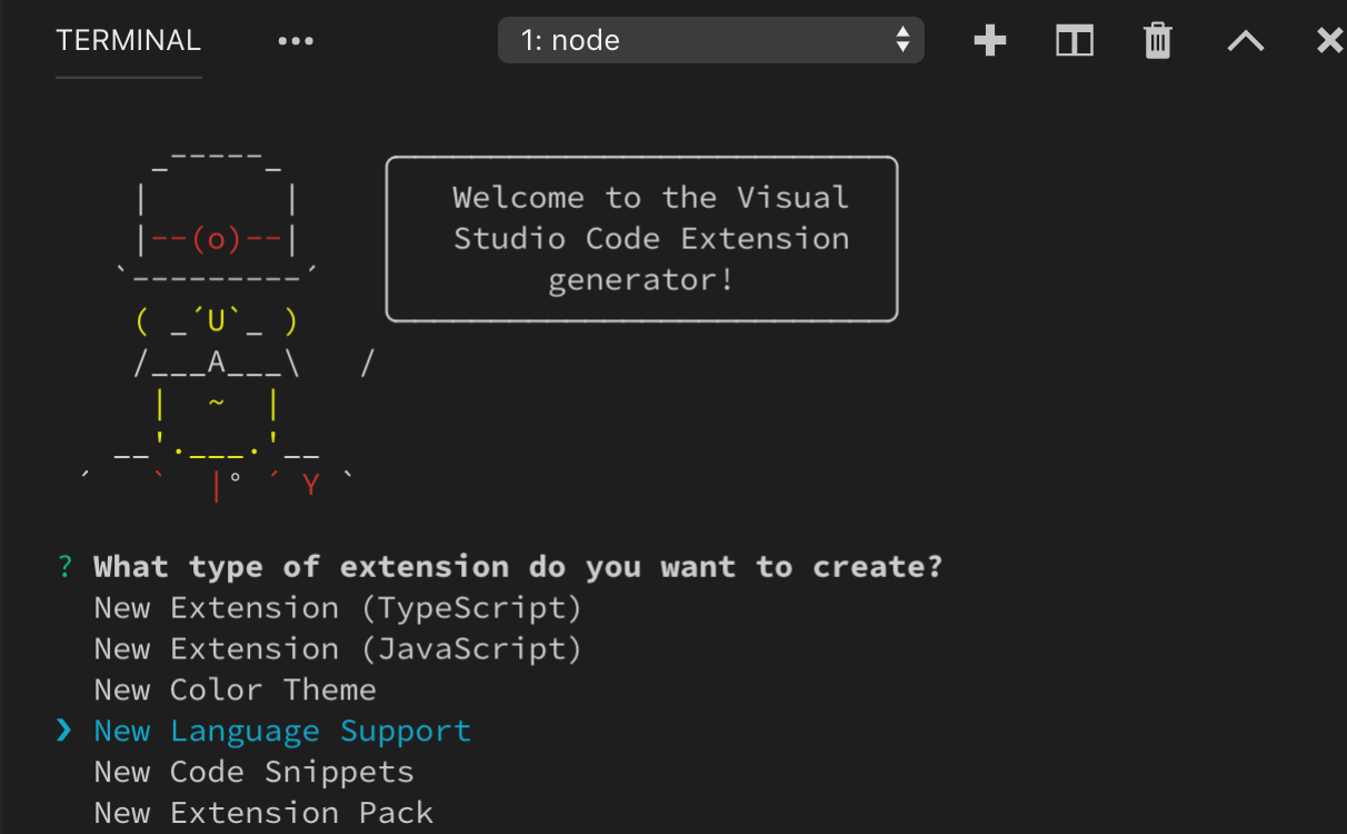 Selecting the &#39;new language&#39; template in &#39;yo code&#39;