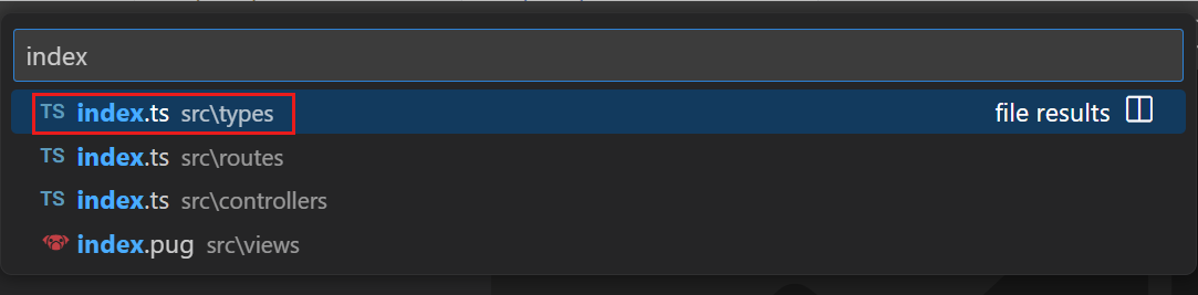 VS Code 컨텍스트 빠른 선택의 스크린샷으로, 선택한 &#39;index.ts&#39; 파일이 강조 표시되어 있습니다.