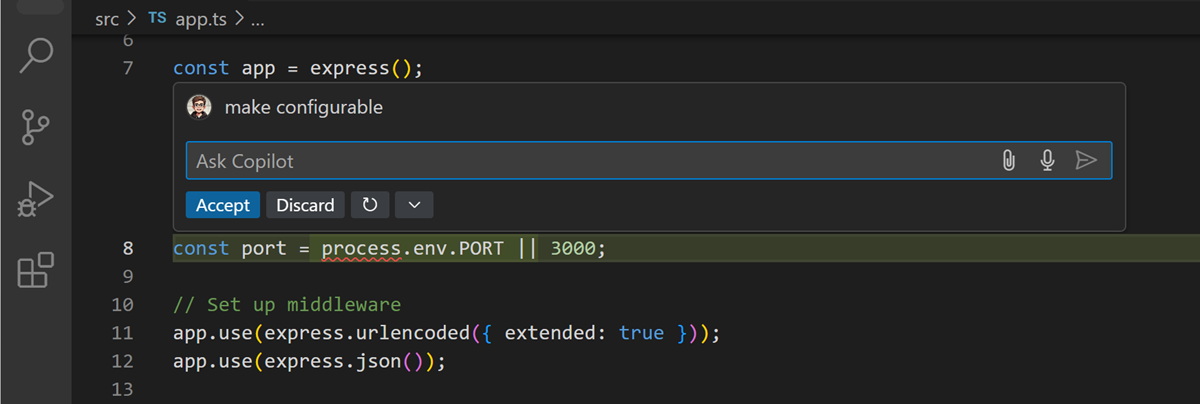 제안된 코드 변경 사항을 보여주는 VS Code 에디터의 스크린샷.