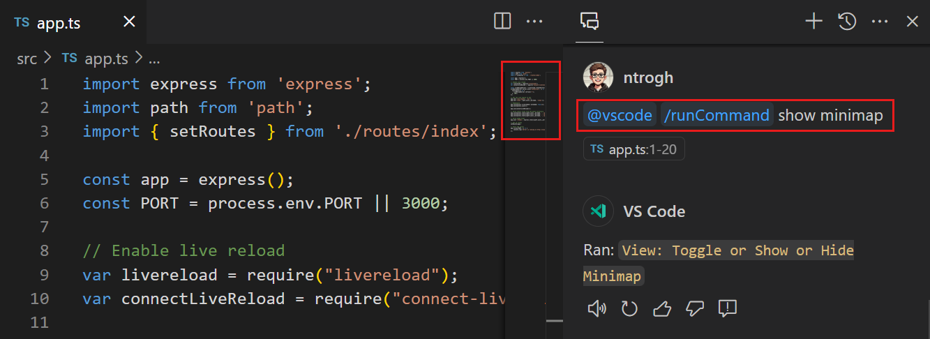 Copilot 채팅에서서 /runCommand 슬래시 명령어로 에디터의 미니맵 토글하기
