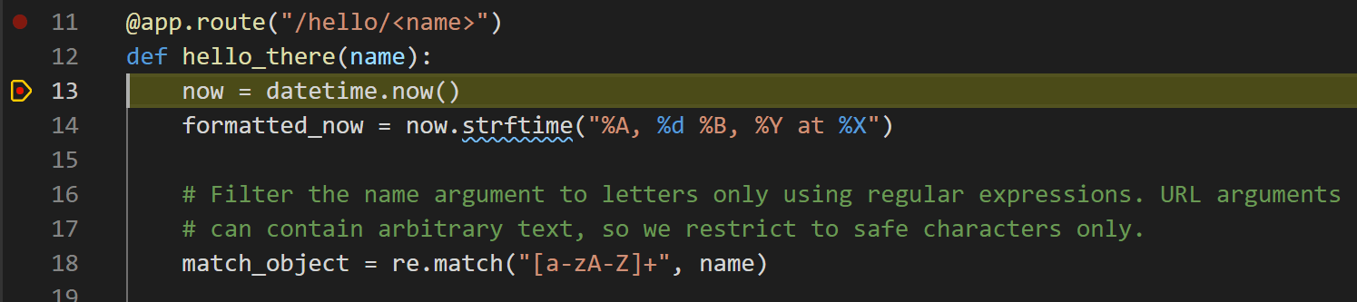 Flask tutorial: VS Code paused at a breakpoint