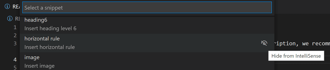Hide from IntelliSense button in Insert Snippet dropdown