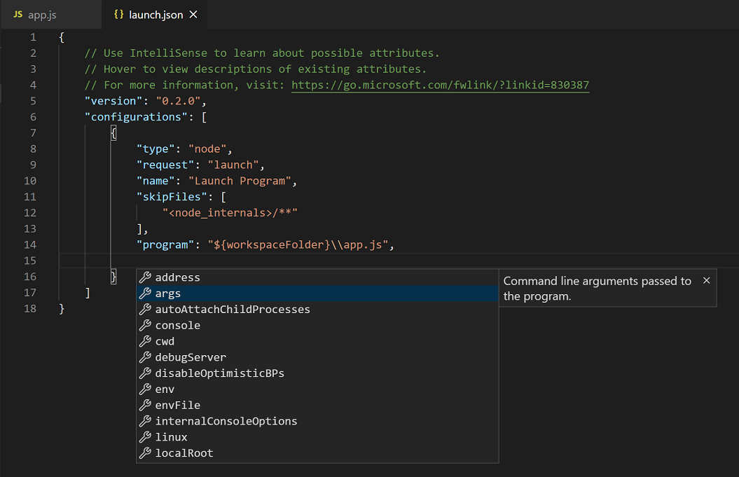 launch.json IntelliSense