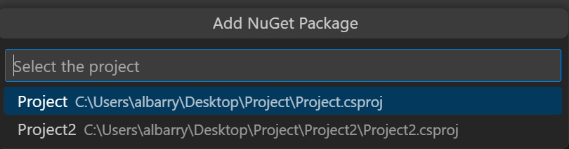 Screenshot showing quickpick menu with dropdown options &quot;Project&quot; and &quot;Project2&quot;