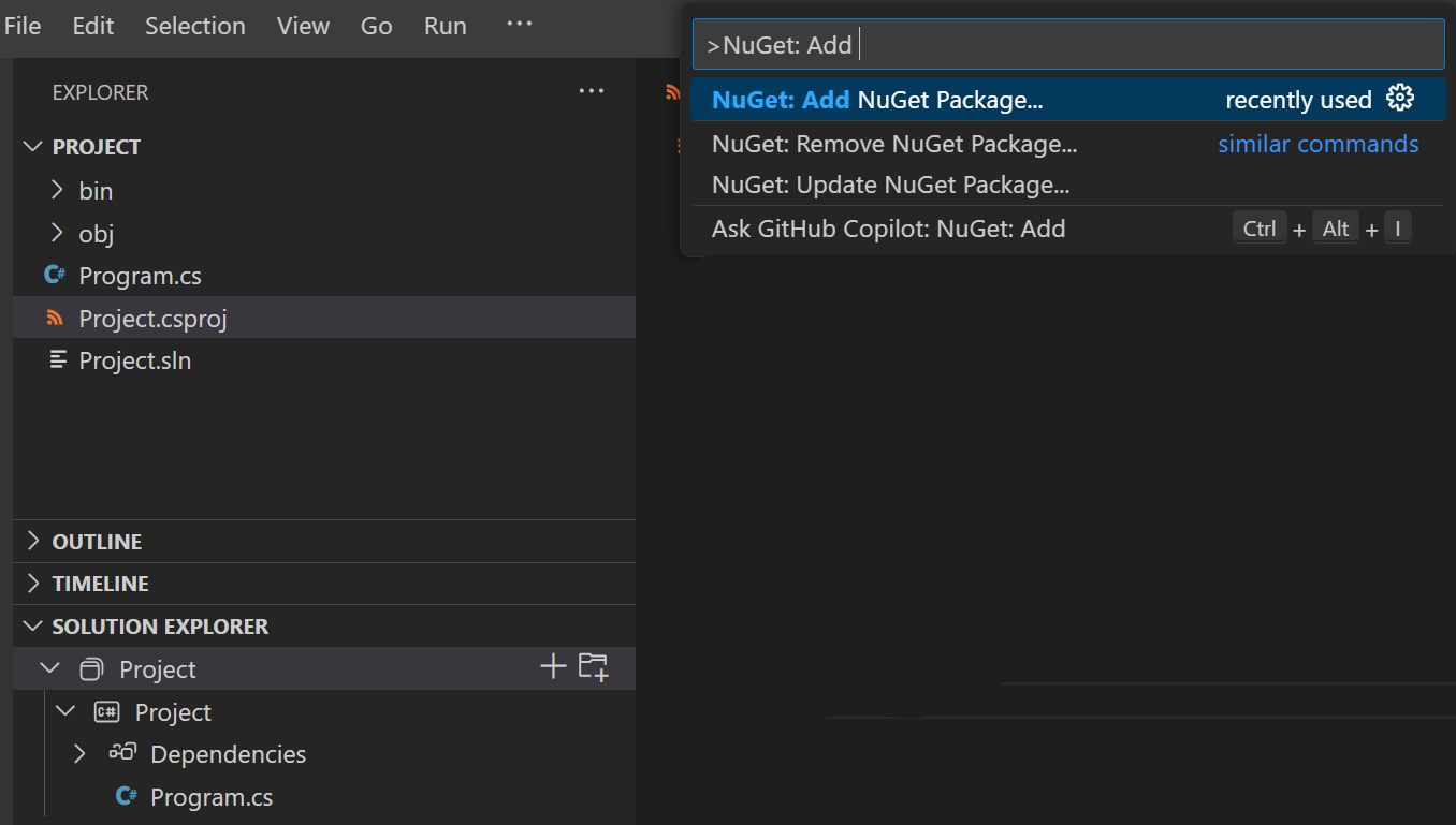 Screenshot showing command &#39;NuGet: Add NuGet Package&#39; in the command palette 