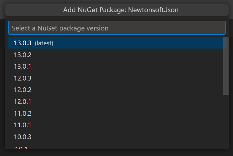 Screenshot showing quickpicks dropdown menu with placeholder text that reads: &quot;Select a NuGet package version&quot;. The quickpick options show a list of example NuGet package versions to choose from.