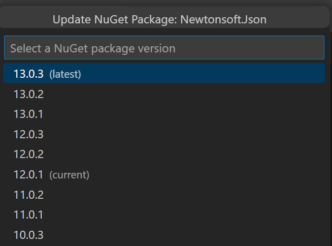 Screenshot showing quickpicks dropdown menu with placeholder text that reads: &quot;Select a NuGet package version&quot;. The quickpick options show a list of example NuGet packages to choose from. There are indicators on the list to show which version is currently installed in the users project (&quot;current&quot;), and which is the latest available version (&quot;latest&quot;)