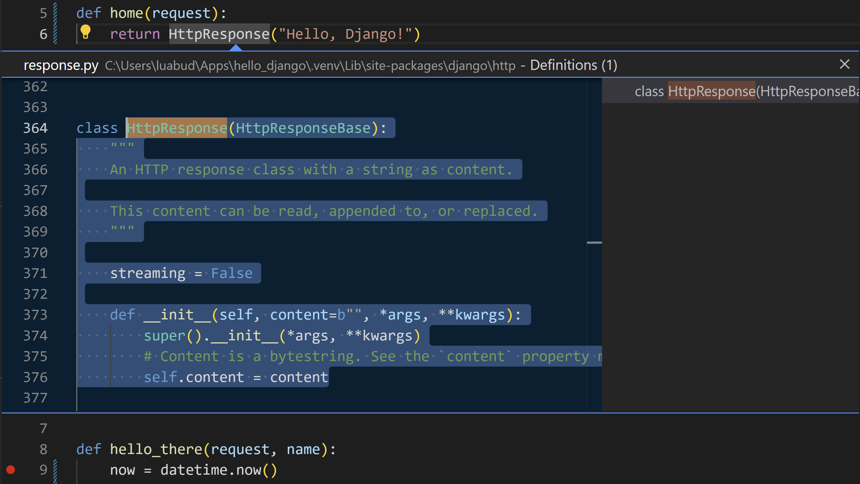 Django tutorial: Peek Definition showing the Flask class inline