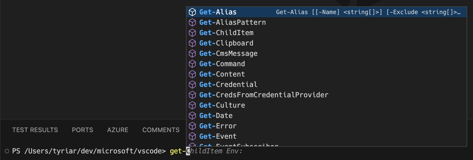 PowerShell IntelliSense는 Get-Alias, Get-ChildItem과 같은 완성을 표시합니다. 예를 들어 Get-을 입력할 때