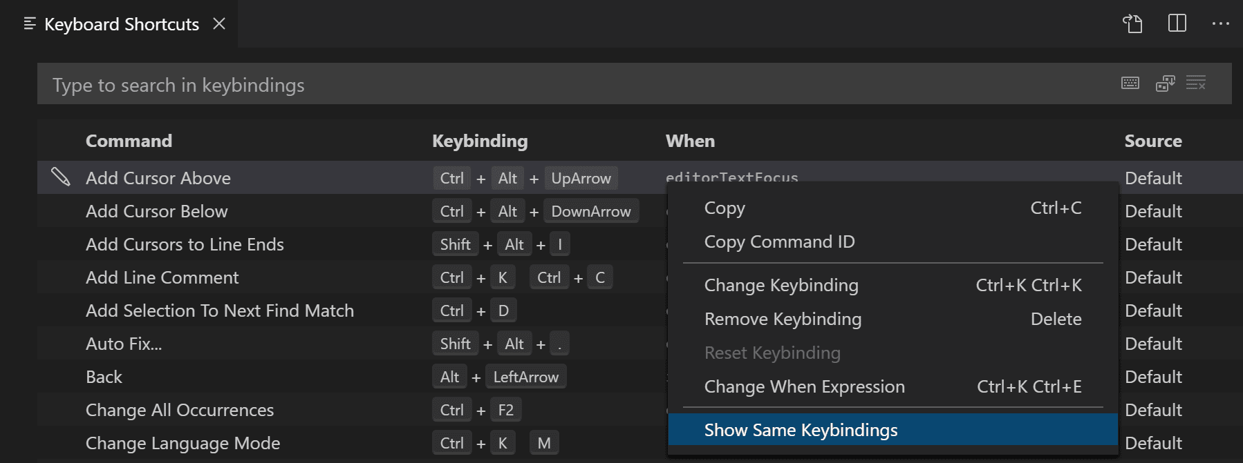 show keybinding conflicts menu