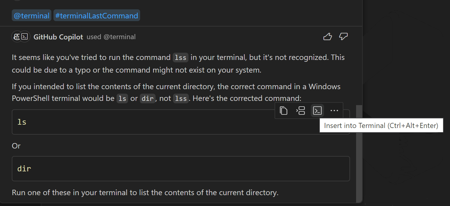 터미널 명령어 설명과 Copilot의 답변이 있는 @terminal #terminalLastCommand를 사용한 빠른 채팅