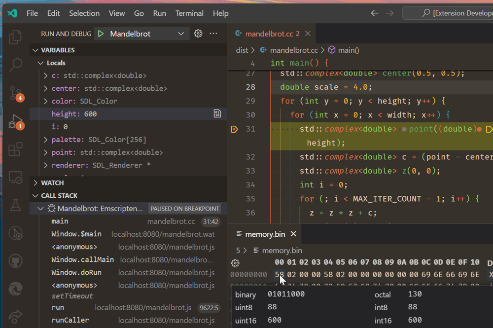 C++ 소스 코드의 중단점에서 멈춘 디버거